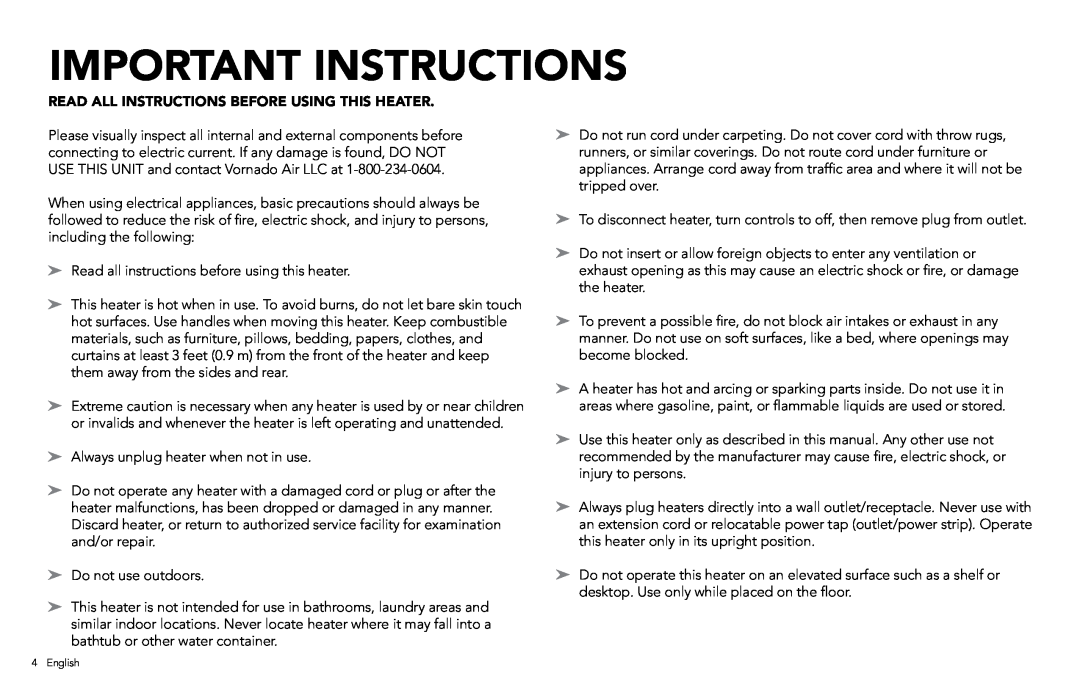 Vornado VH110 manual Important Instructions, Read All Instructions Before Using This Heater 