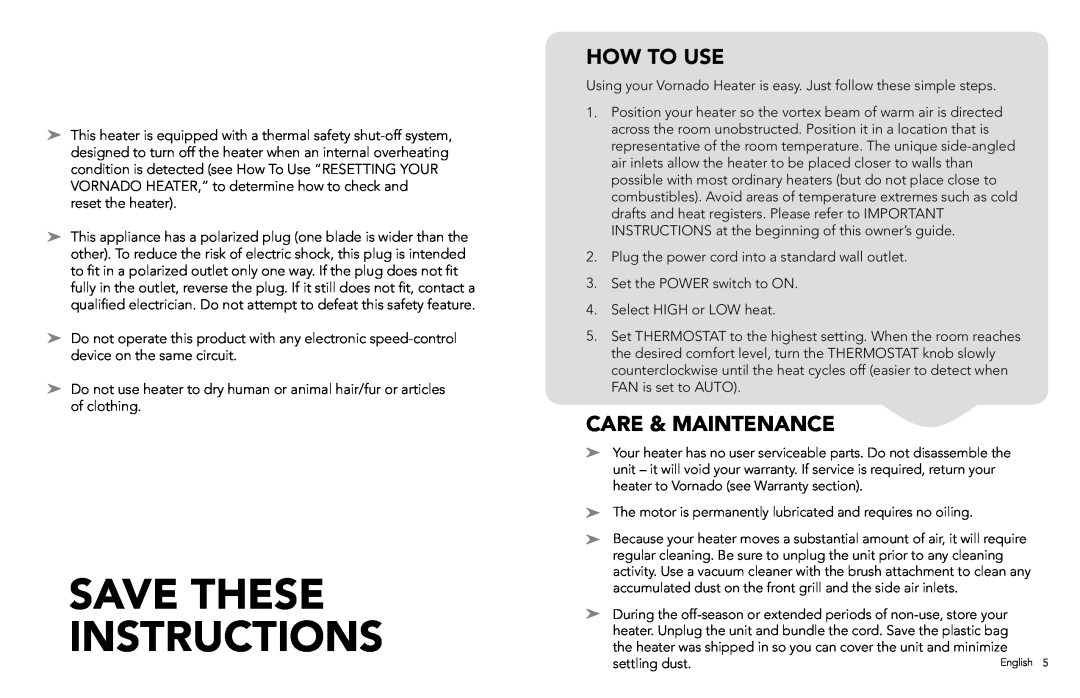 Vornado VH110 manual Save These Instructions, How To Use, Care & Maintenance 