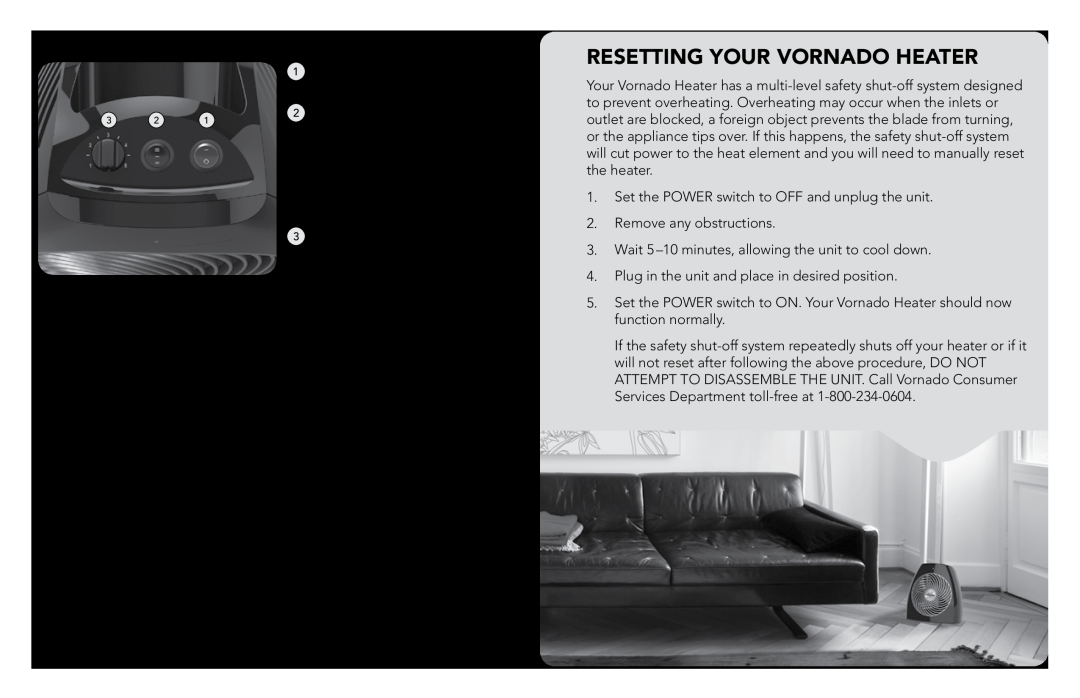 Vornado manual VH110 OPERATING CONTROLS, Resetting Your Vornado Heater, Power On/Off, Thermostat 
