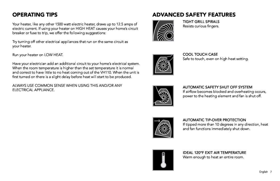 Vornado VH110 manual Operating Tips, Advanced Safety Features 