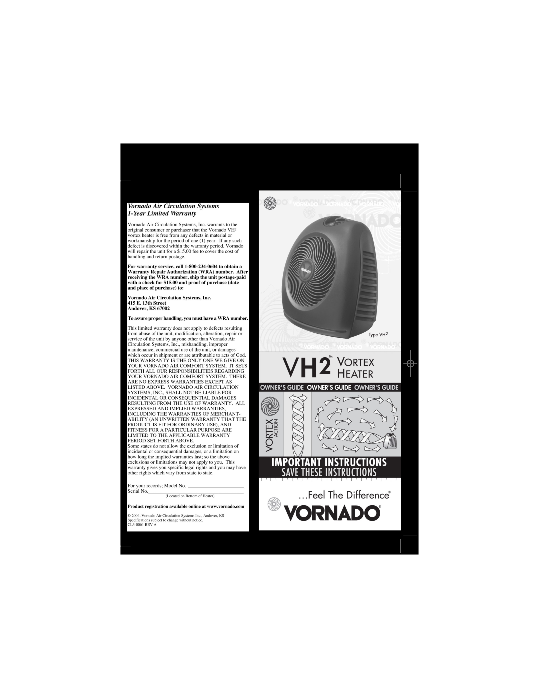 Vornado VH2, VORNADO, VH102 manual Vornado Air, LLC, CL3-0061RE CL7-0061RE 