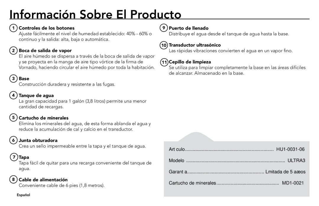 Vornado VORNADO, ULTRA3 manuel dutilisation Información Sobre El Producto 