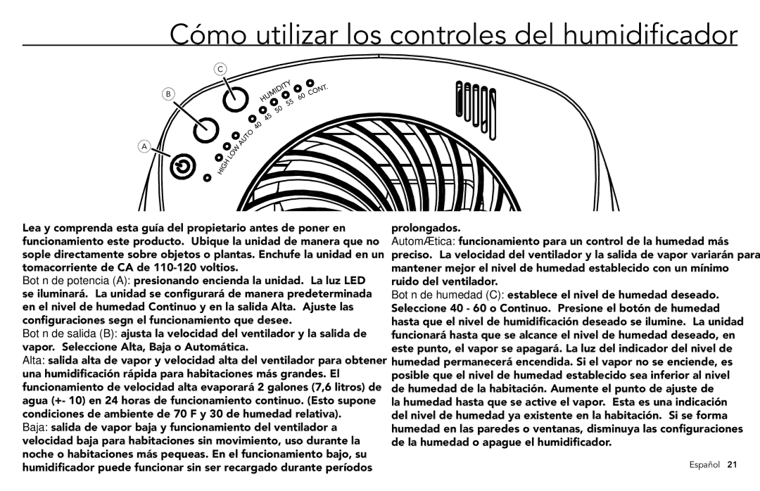 Vornado ULTRA3, VORNADO manuel dutilisation Cómo utilizar los controles del humidificador 