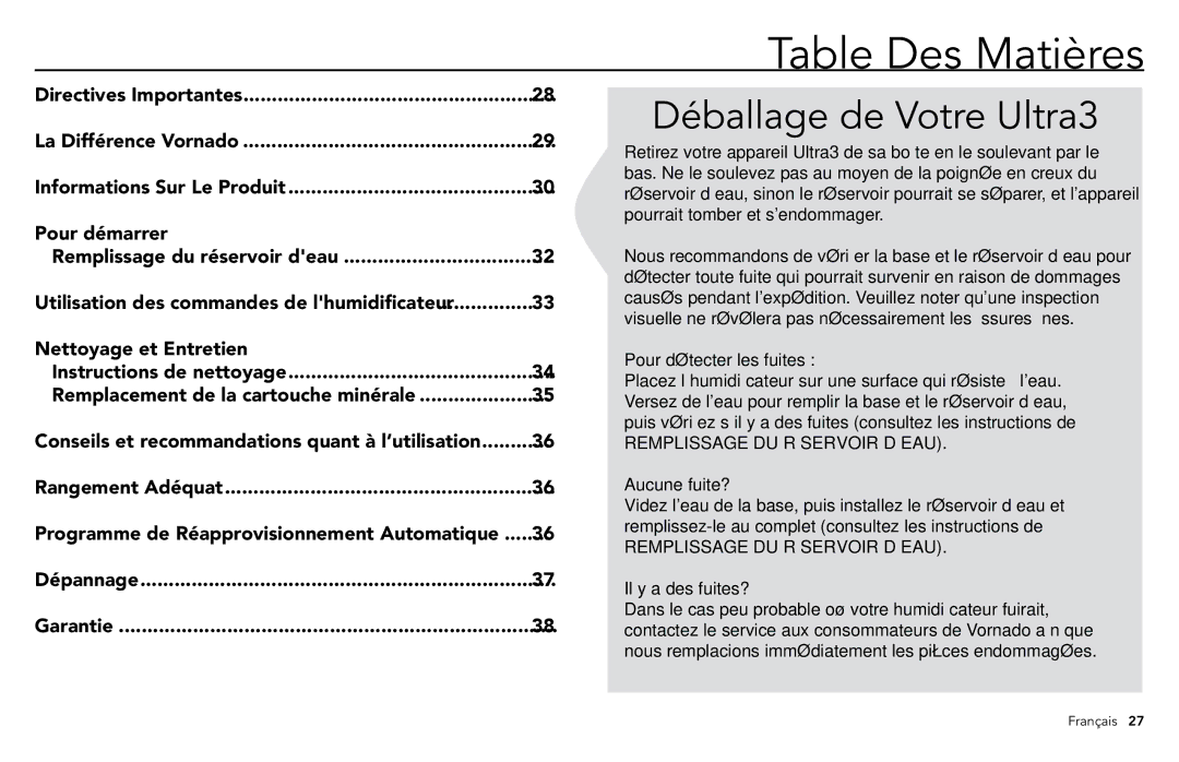 Vornado ULTRA3, VORNADO manuel dutilisation Table Des Matières, Pour détecter les fuites, Aucune fuite?, Il y a des fuites? 