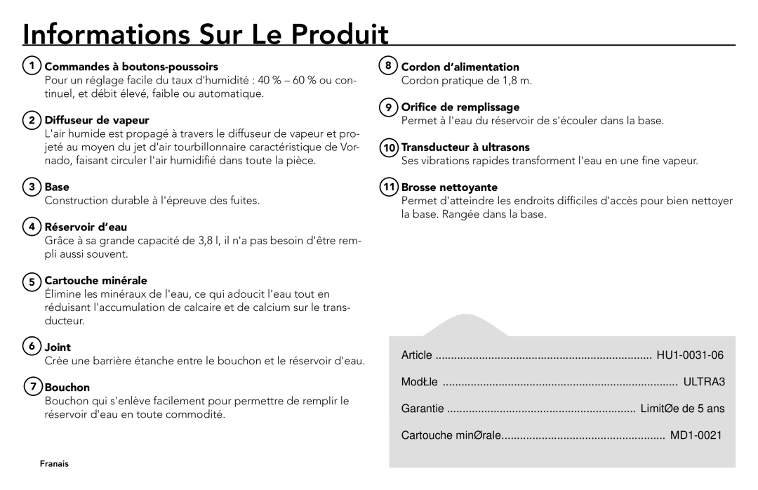 Vornado VORNADO, ULTRA3 manuel dutilisation Informations Sur Le Produit 