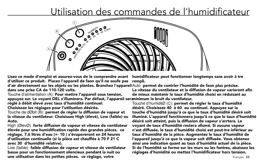 Vornado ULTRA3, VORNADO manuel dutilisation Utilisation des commandes de lhumidificateur 