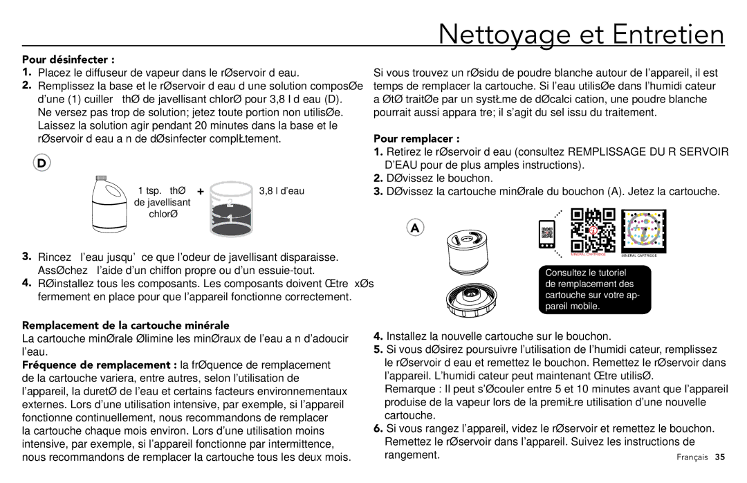 Vornado ULTRA3, VORNADO manuel dutilisation Pour désinfecter, Remplacement de la cartouche minérale, Pour remplacer 