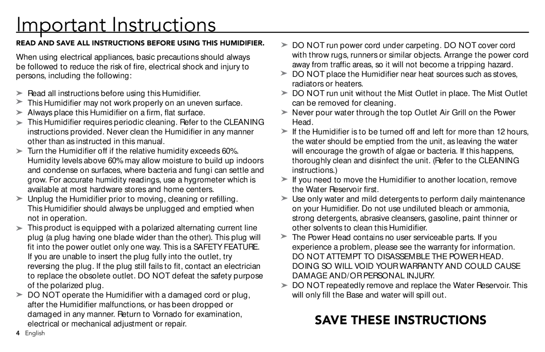 Vornado VORNADO, ULTRA3 manuel dutilisation Important Instructions 