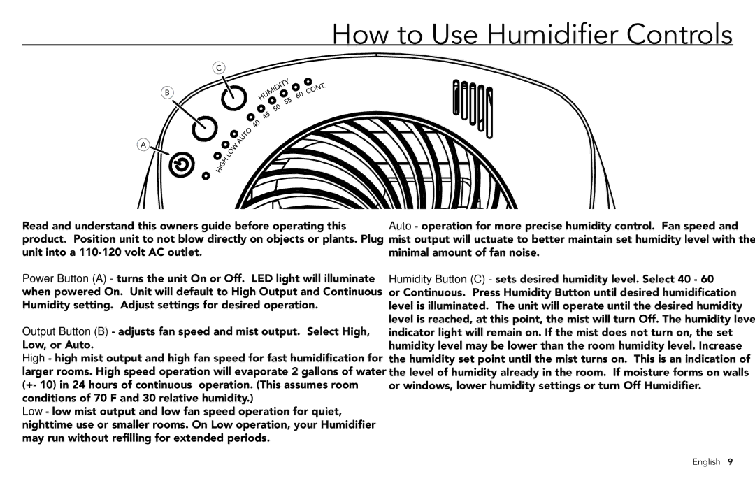 Vornado ULTRA3, VORNADO manuel dutilisation How to Use Humidifier Controls 