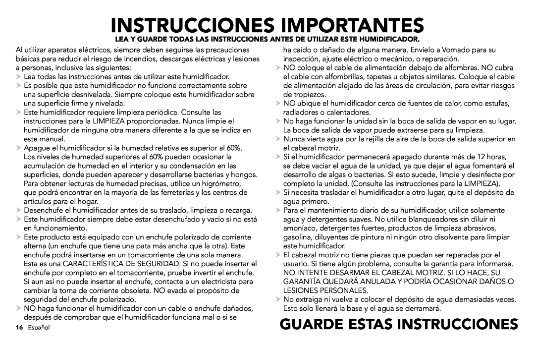 Vornado VORNADO, ULTRA3 manuel dutilisation Instrucciones Importantes, Guarde Estas Instrucciones 