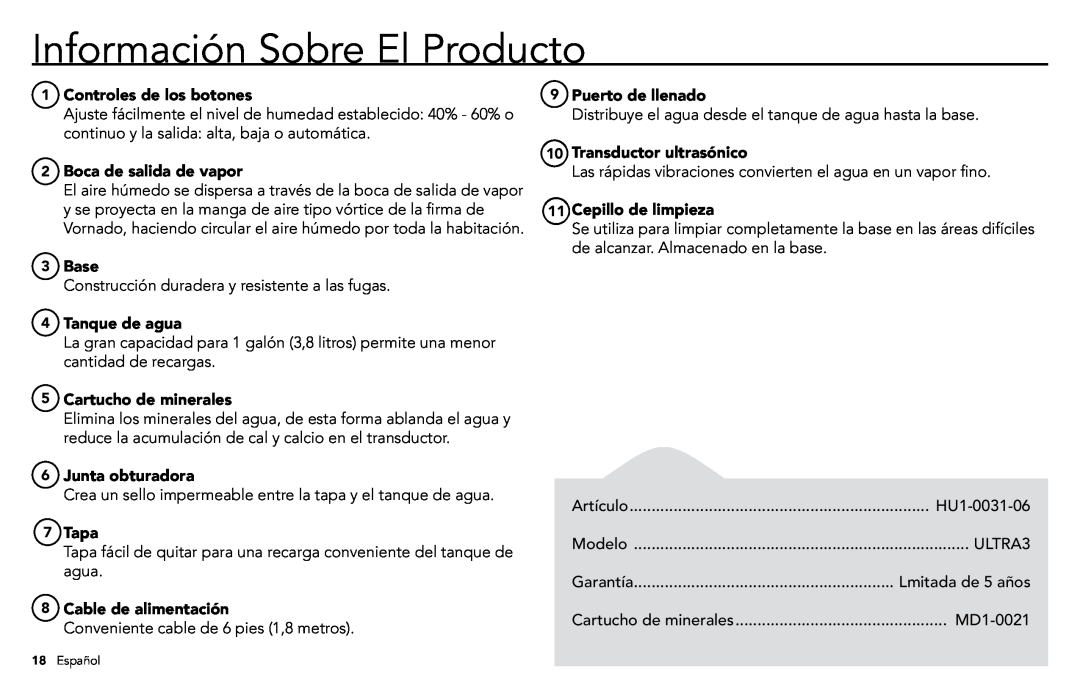 Vornado VORNADO, ULTRA3 manuel dutilisation Información Sobre El Producto 