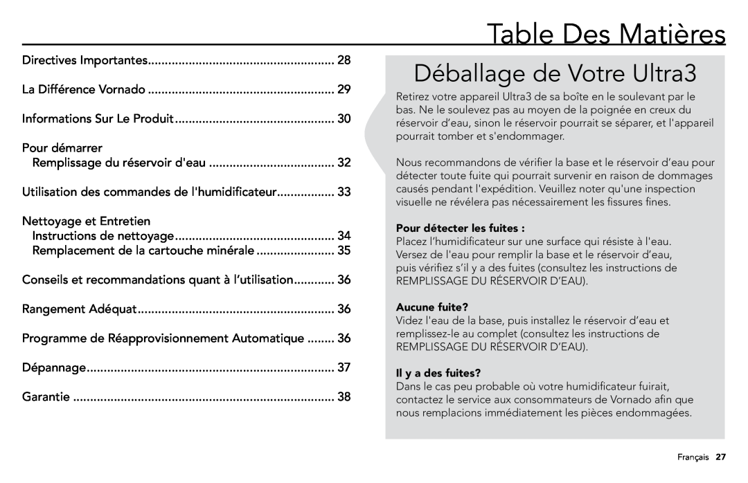 Vornado ULTRA3, VORNADO manuel dutilisation Table Des Matières, Déballage de Votre Ultra3 