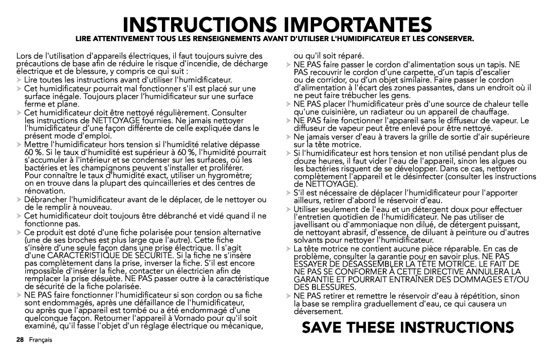 Vornado VORNADO, ULTRA3 manuel dutilisation Instructions Importantes, Save These Instructions 
