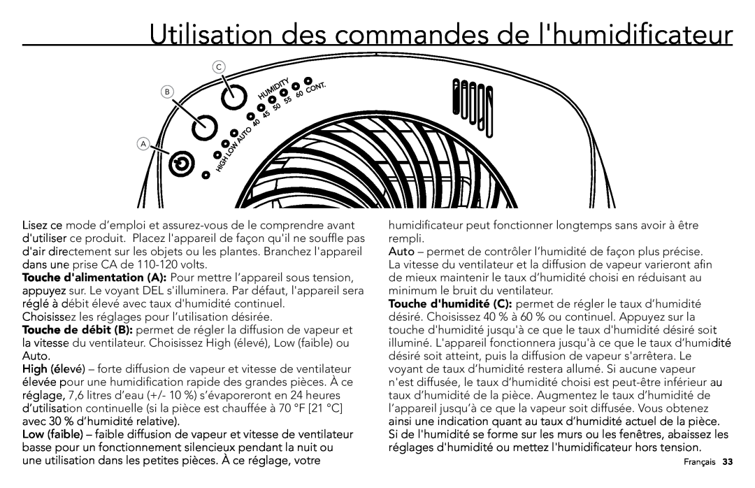 Vornado ULTRA3, VORNADO manuel dutilisation Utilisation des commandes de lhumidificateur 