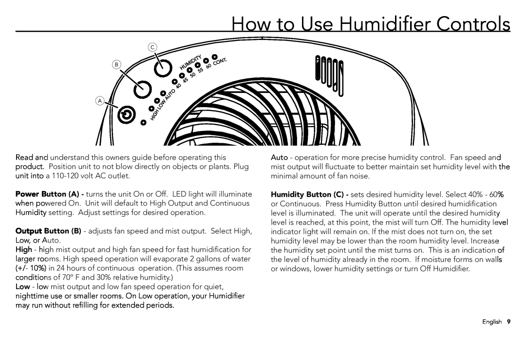 Vornado ULTRA3, VORNADO manuel dutilisation How to Use Humidifier Controls 