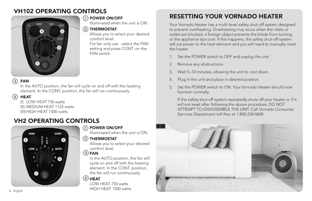 Vornado VORNADO manual VH102 Operating Controls Resetting Your Vornado Heater, VH2 Operating Controls 