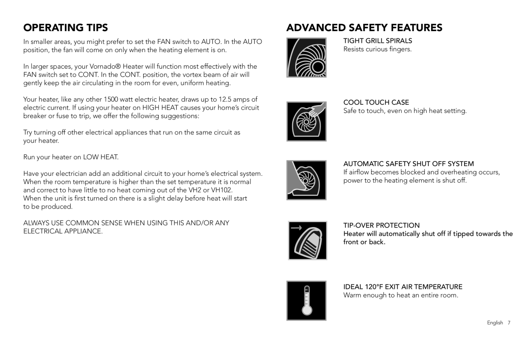 Vornado VH102, VORNADO, VH2 manual Operating Tips, Advanced Safety Features 