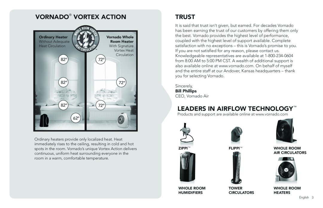 Vornado VH2, VORNADO, VH102 manual Vornado Vortex Action, Trust, Leaders in Airflow Technology, Bill Phillips 