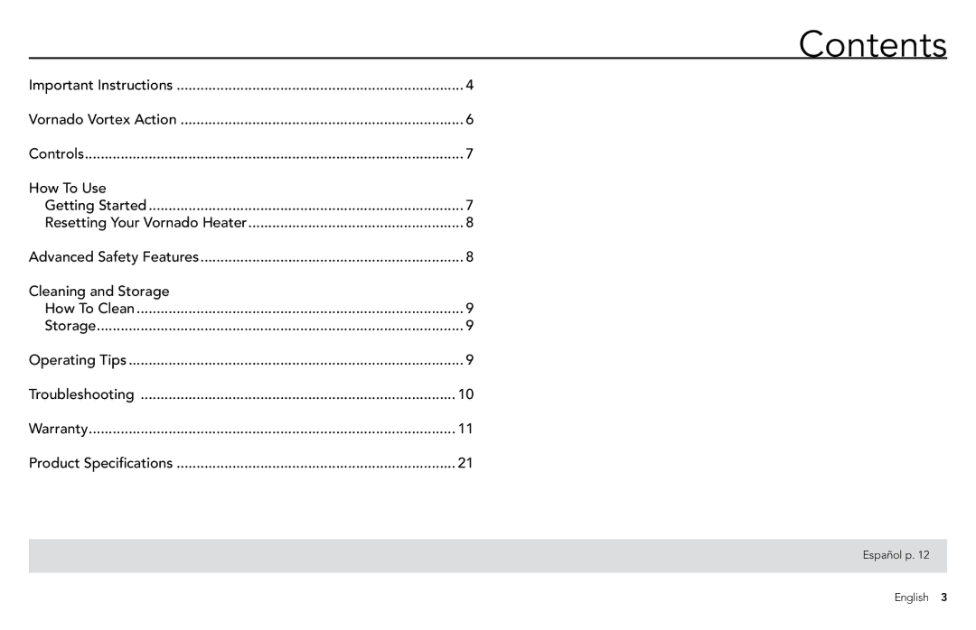 Vornado vornado whole room heater manual Contents 