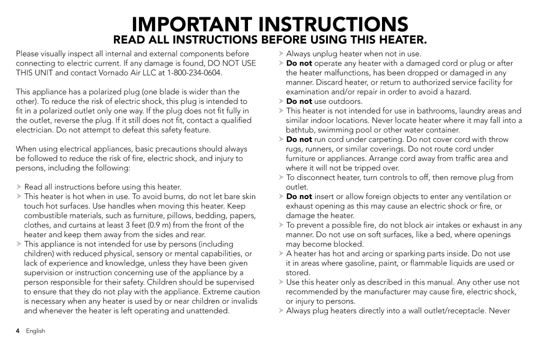 Vornado vornado whole room heater manual Important Instructions 