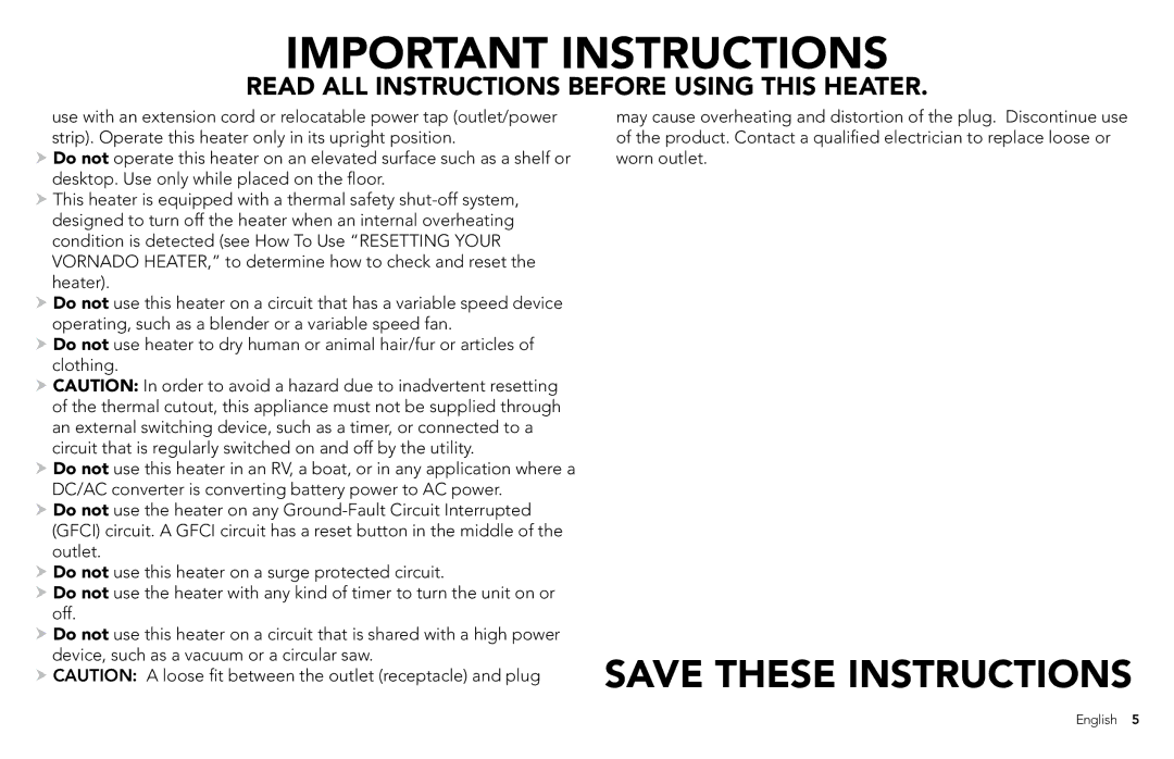 Vornado vornado whole room heater manual Important Instructions 