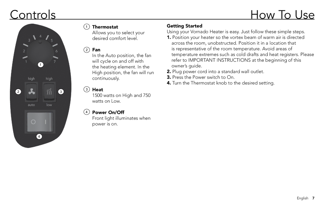 Vornado vornado whole room heater manual Controls, How To Use 