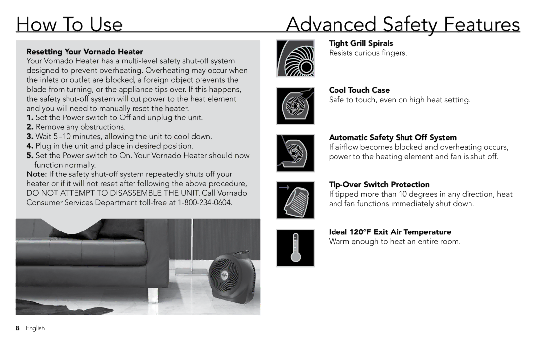 Vornado vornado whole room heater manual How To Use, Advanced Safety Features 