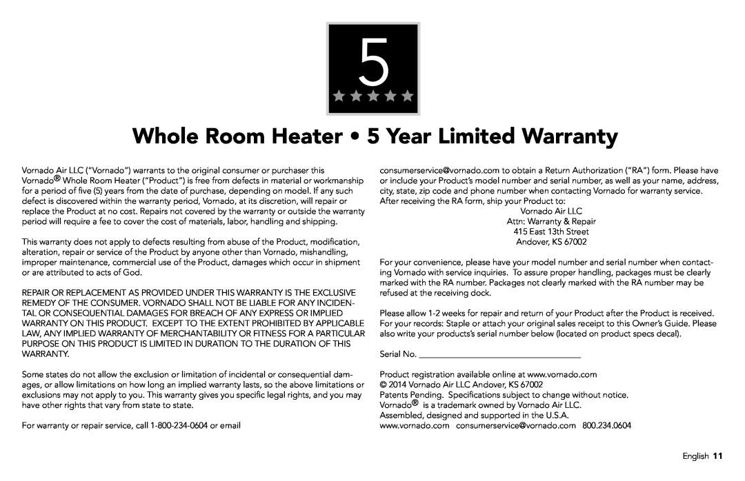 Vornado vornado whole room heater manual Whole Room Heater • 5 Year Limited Warranty 
