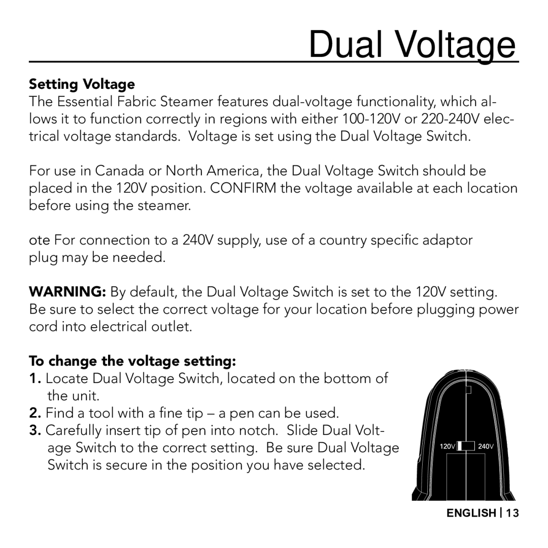 Vornado Essential Fabric Steamer, VS-410 manual Dual Voltage, Setting Voltage, To change the voltage setting 