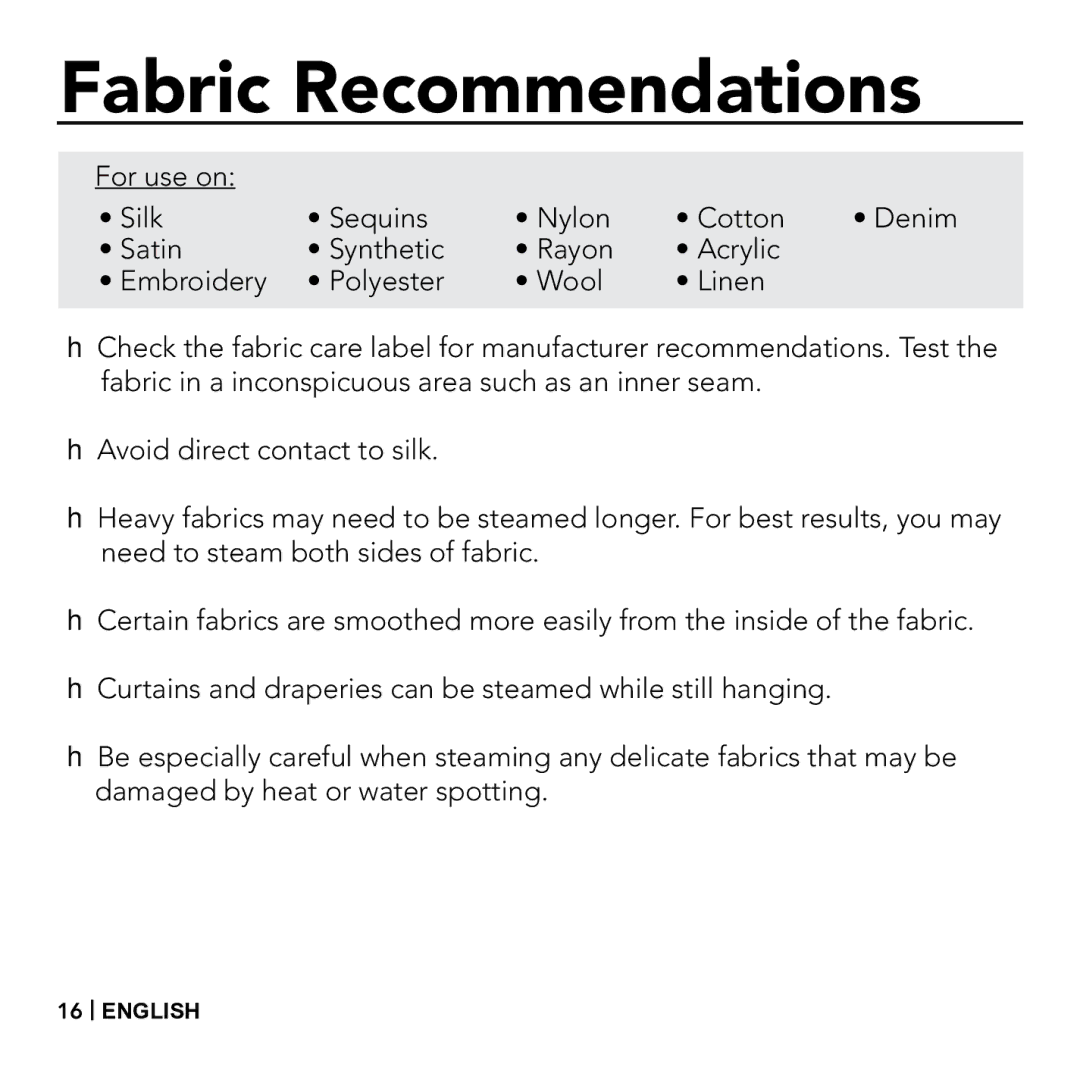 Vornado VS-410, Essential Fabric Steamer manual Fabric Recommendations 