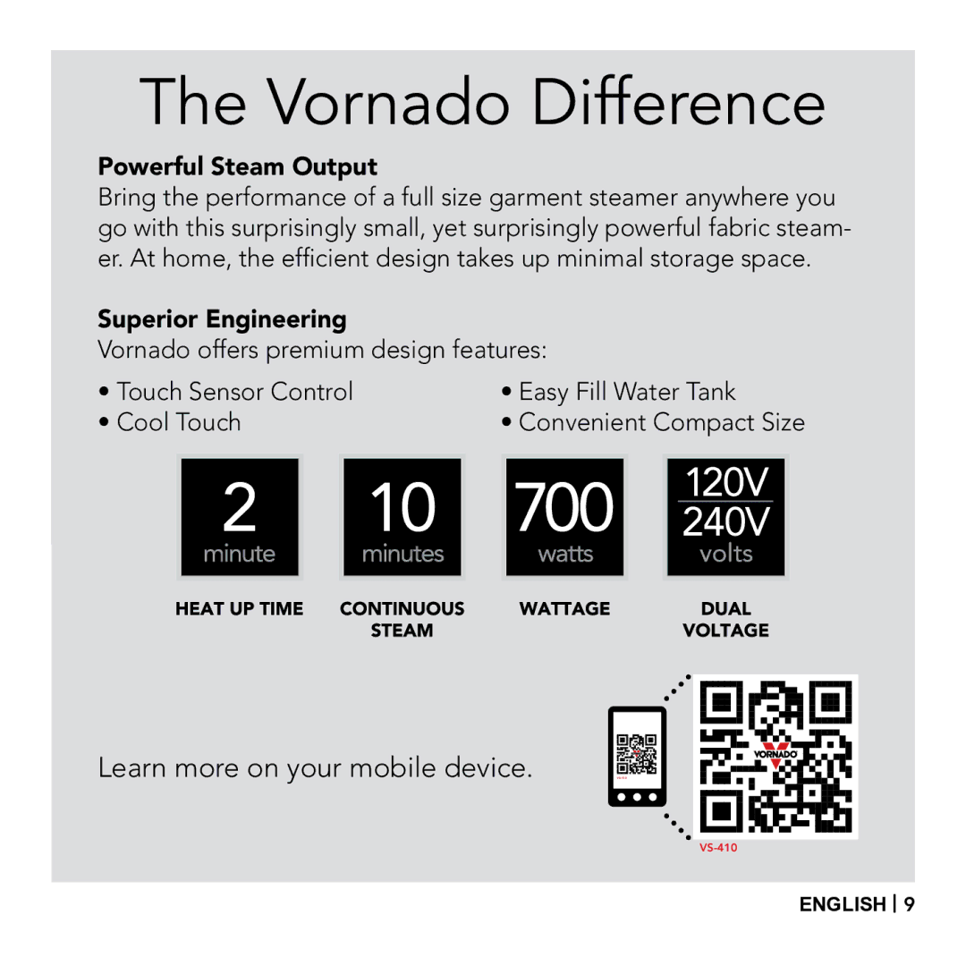 Vornado Essential Fabric Steamer, VS-410 manual Vornado Difference, Powerful Steam Output, Superior Engineering 