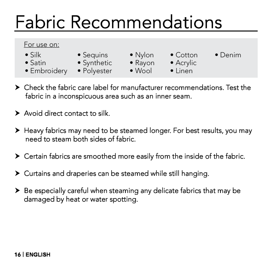 Vornado VS-410, Essential Fabric Steamer manual Fabric Recommendations 