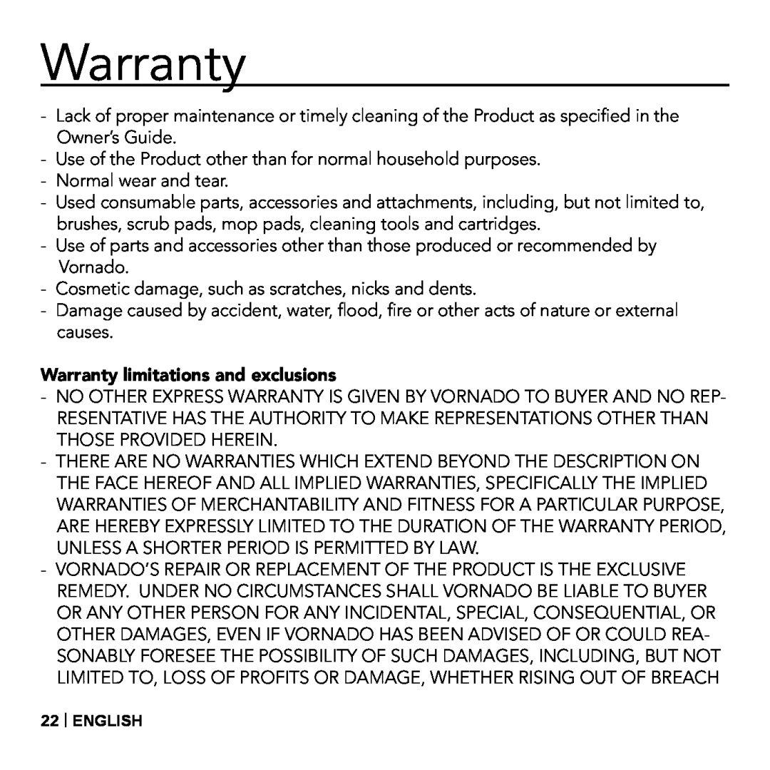 Vornado VS-410, Essential Fabric Steamer manual Warranty limitations and exclusions 