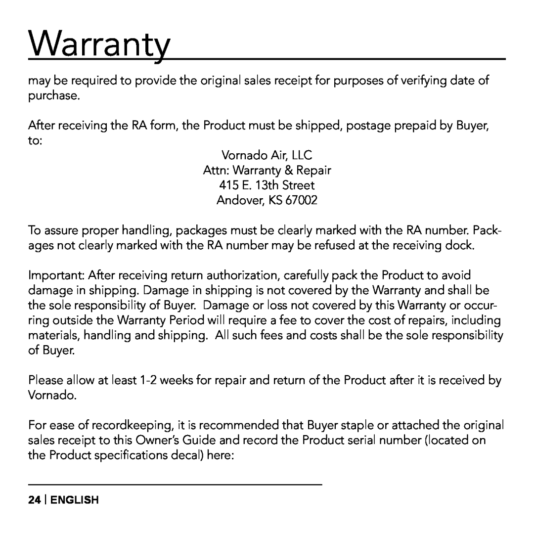 Vornado VS-410, Essential Fabric Steamer manual Warranty, English 