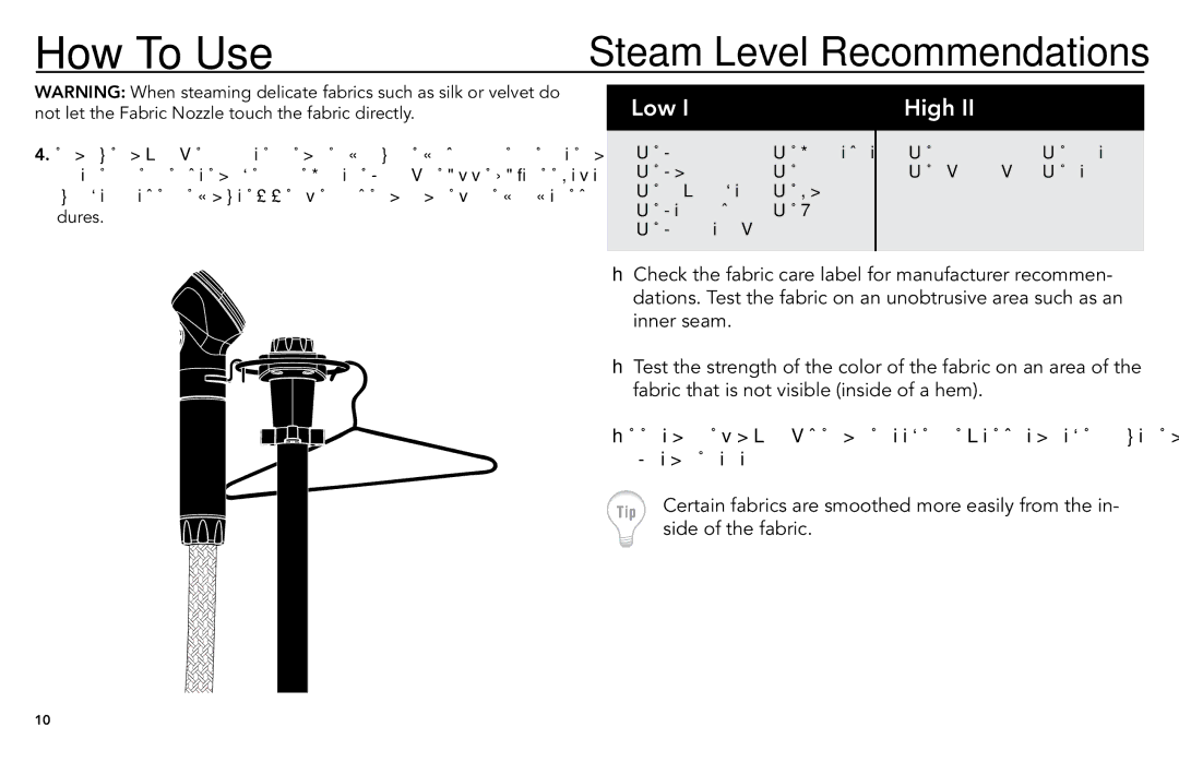 Vornado vs-570, commercial fabric steamer manual Steam Level Recommendations 