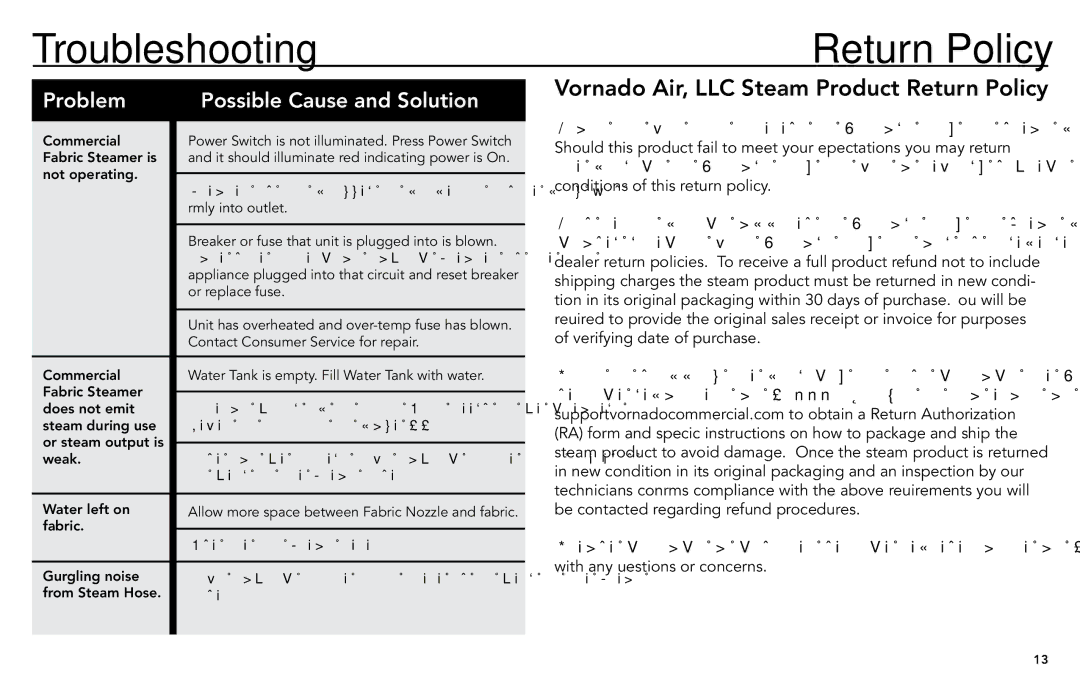 Vornado commercial fabric steamer, vs-570 manual Troubleshooting, Return Policy 