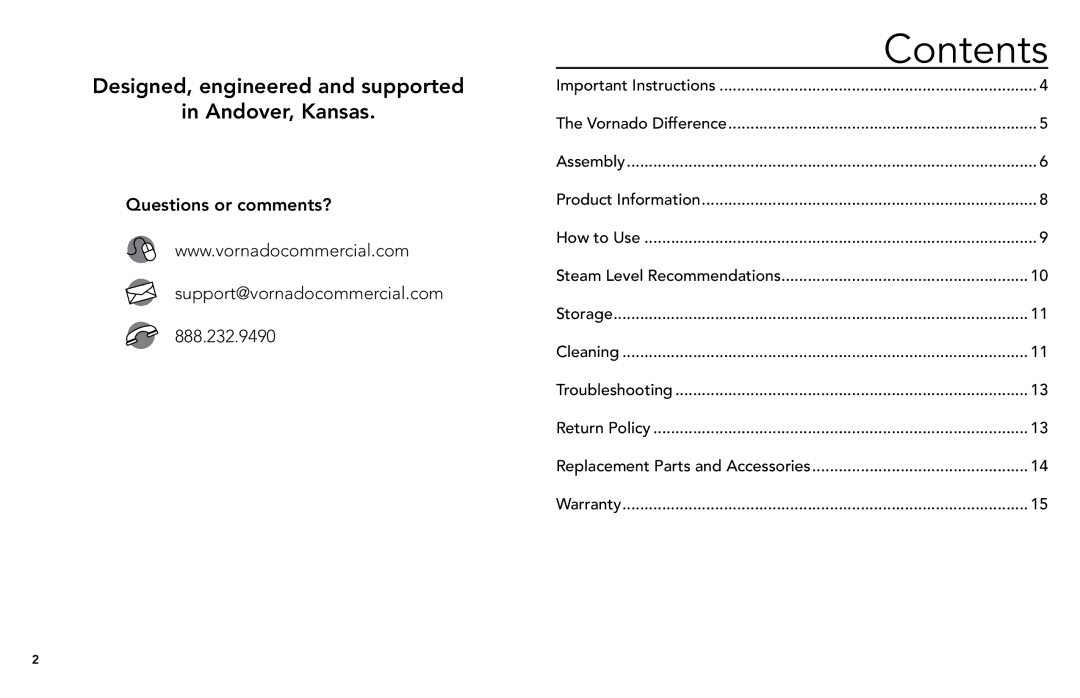 Vornado vs-570, commercial fabric steamer manual Contents 