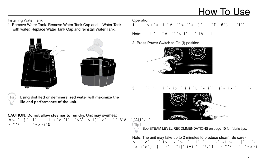 Vornado commercial fabric steamer, vs-570 manual How To Use, Installing Water Tank 