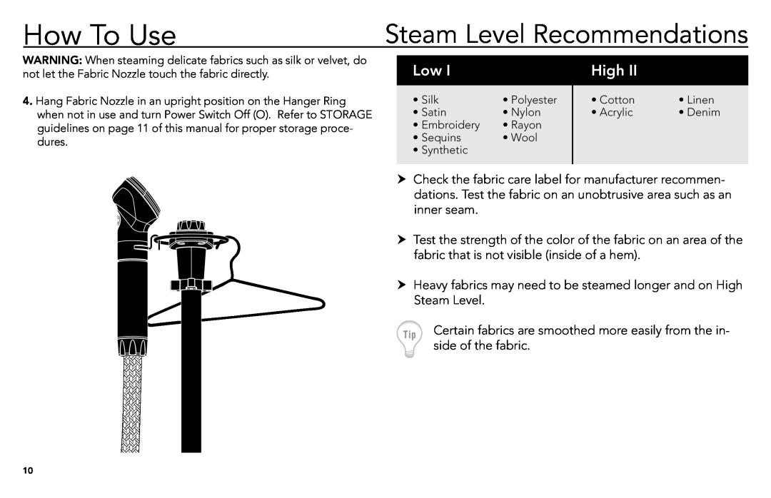 Vornado vs-570, commercial fabric steamer manual High, How To Use, Steam Level Recommendations 
