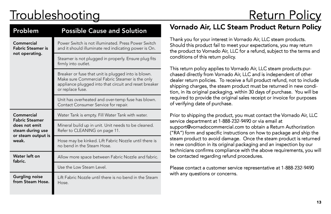 Vornado commercial fabric steamer, vs-570 manual Troubleshooting, Vornado Air, LLC Steam Product Return Policy, Problem 