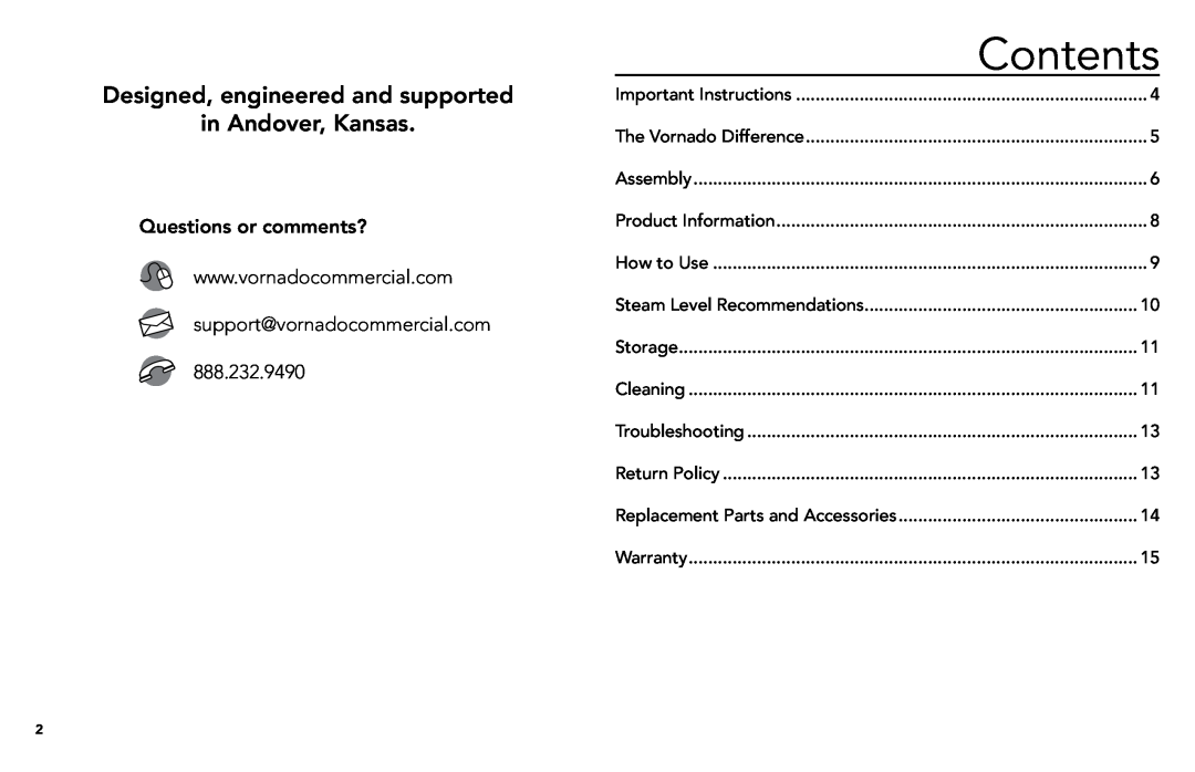 Vornado vs-570, commercial fabric steamer manual Contents, Designed, engineered and supported, in Andover, Kansas 