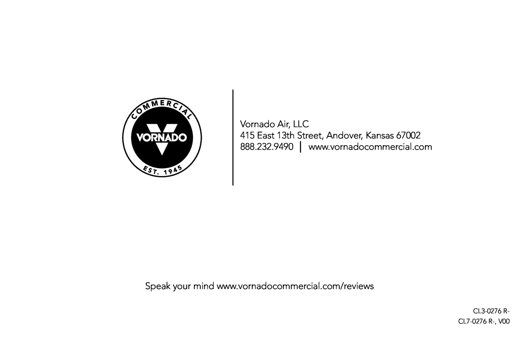 Vornado vs-570, commercial fabric steamer manual Vornado Air, LLC, CL3-0276R CL7-0276 R-,V00 