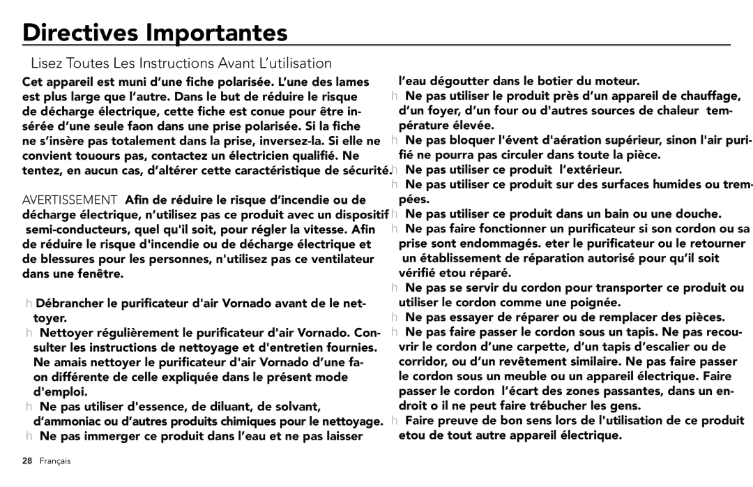 Vornado whole room air purifier, AC300 Directives Importantes, Lisez Toutes Les Instructions Avant L’utilisation 