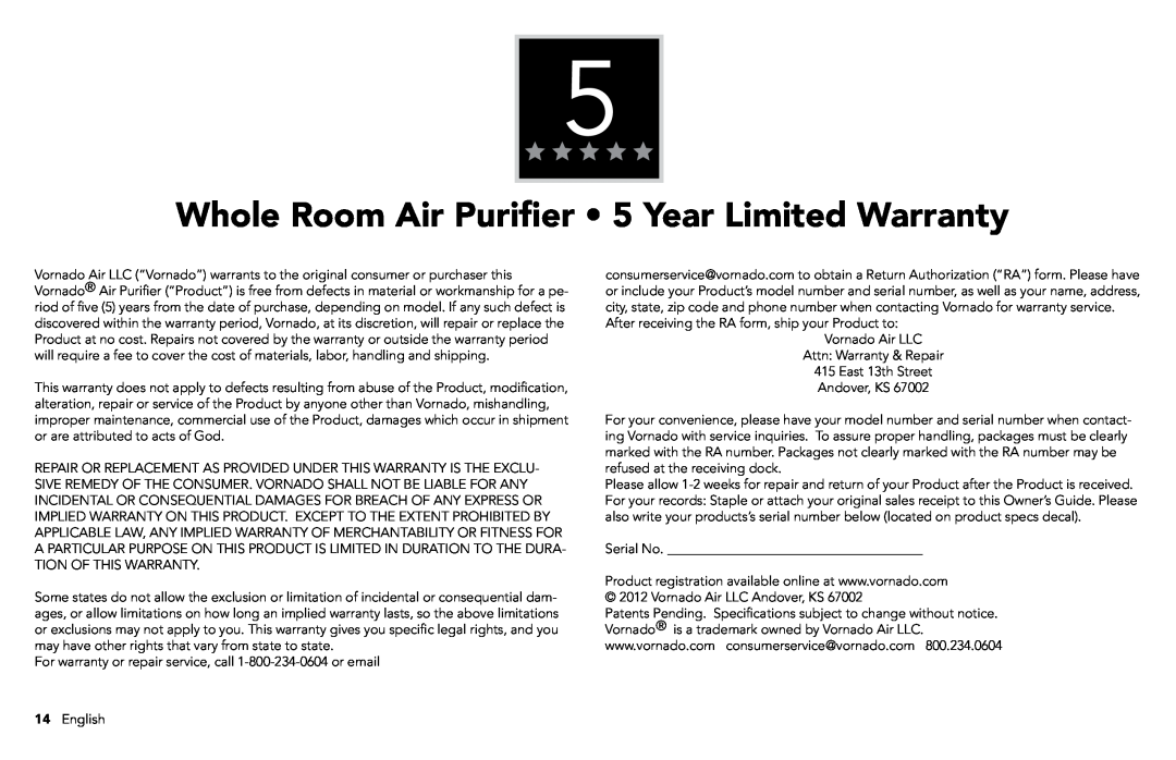 Vornado whole room air purifier, AC300 manuel dutilisation Whole Room Air Purifier • 5 Year Limited Warranty 