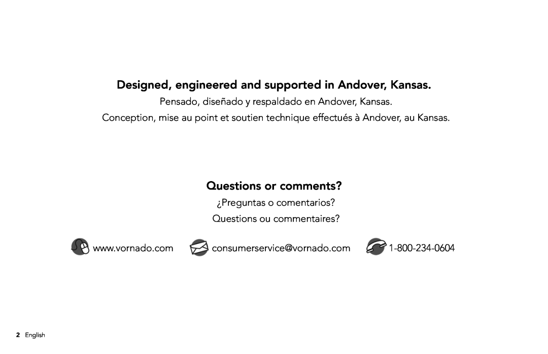 Vornado whole room air purifier, AC300 Questions or comments?, Pensado, diseñado y respaldado en Andover, Kansas 
