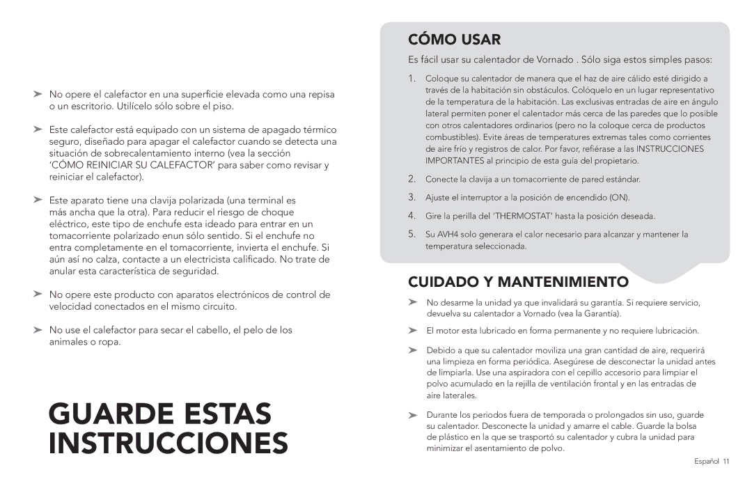 Vornado AVH4, Whole Room Heater manual Cómo Usar, Cuidado y Mantenimiento 