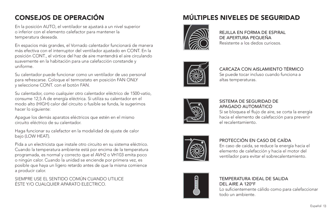 Vornado AVH4, Whole Room Heater manual Consejos de Operación, Múltiples Niveles de Seguridad 