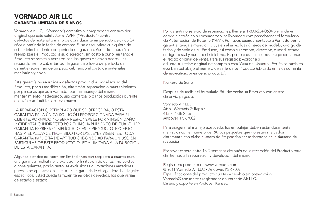 Vornado Whole Room Heater, AVH4 manual Vornado AIR LLC, Garantía Limitada DE 5 Años 
