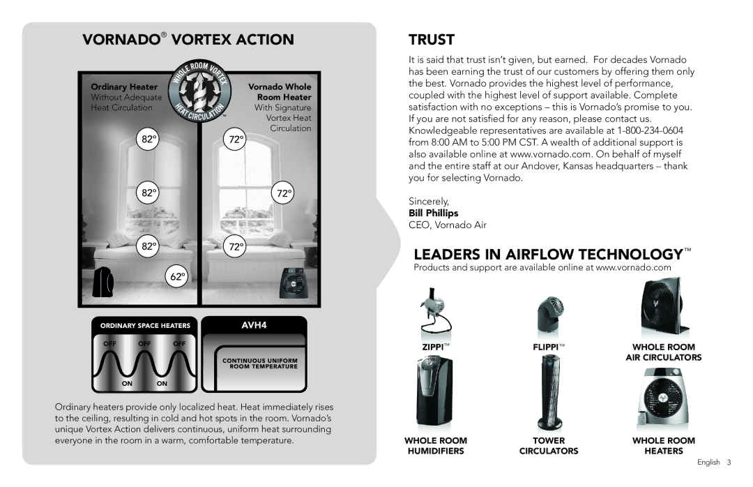 Vornado AVH4, Whole Room Heater manual Vornado Vortex Action, Trust, Leaders in Airflow Technology 