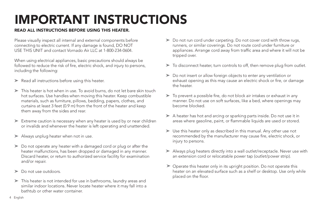 Vornado Whole Room Heater, AVH4 manual Important Instructions, Read ALL Instructions Before Using this Heater 